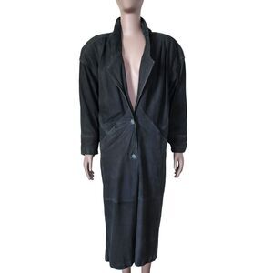 Vintage 80s Winlit Black Suede Leather Long‎ Coat Evening Overcoat Size Small